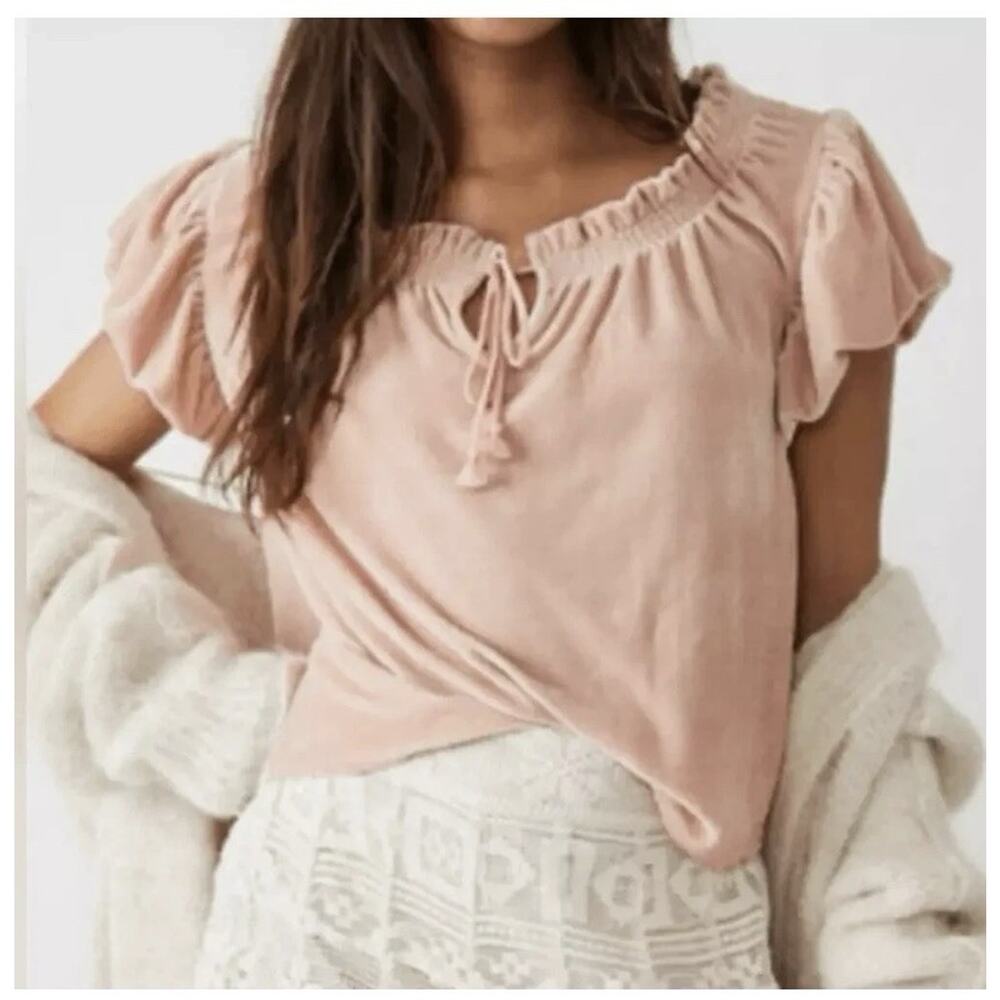 Free People Terese‎ Peasant Top Velour Velvet Balloon Sleeve Blush Pink Small